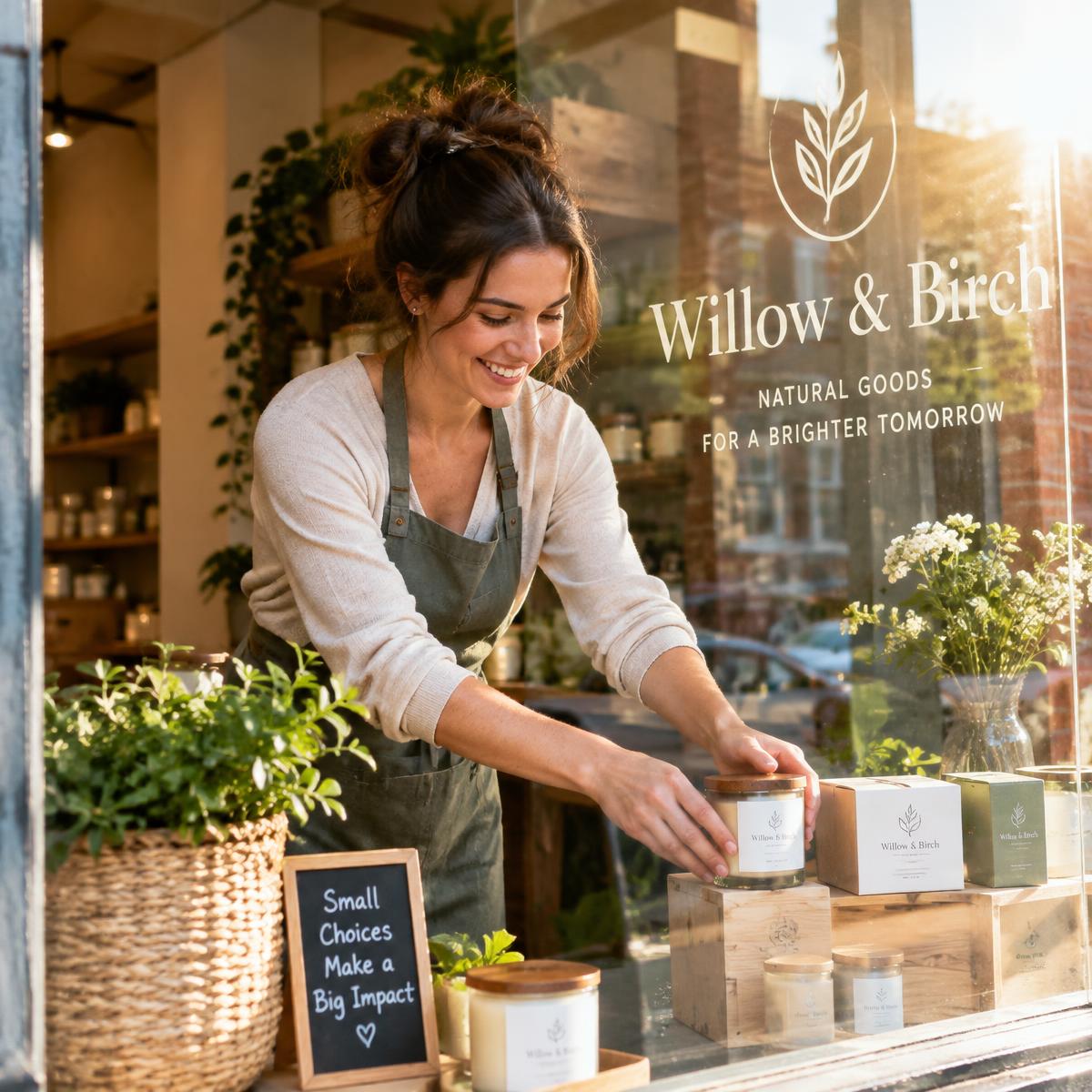 Shop owner arranging a branded window display